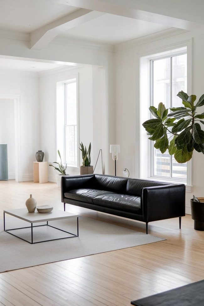 Black Leather Sofa, Daylit Windows, Clean Lines