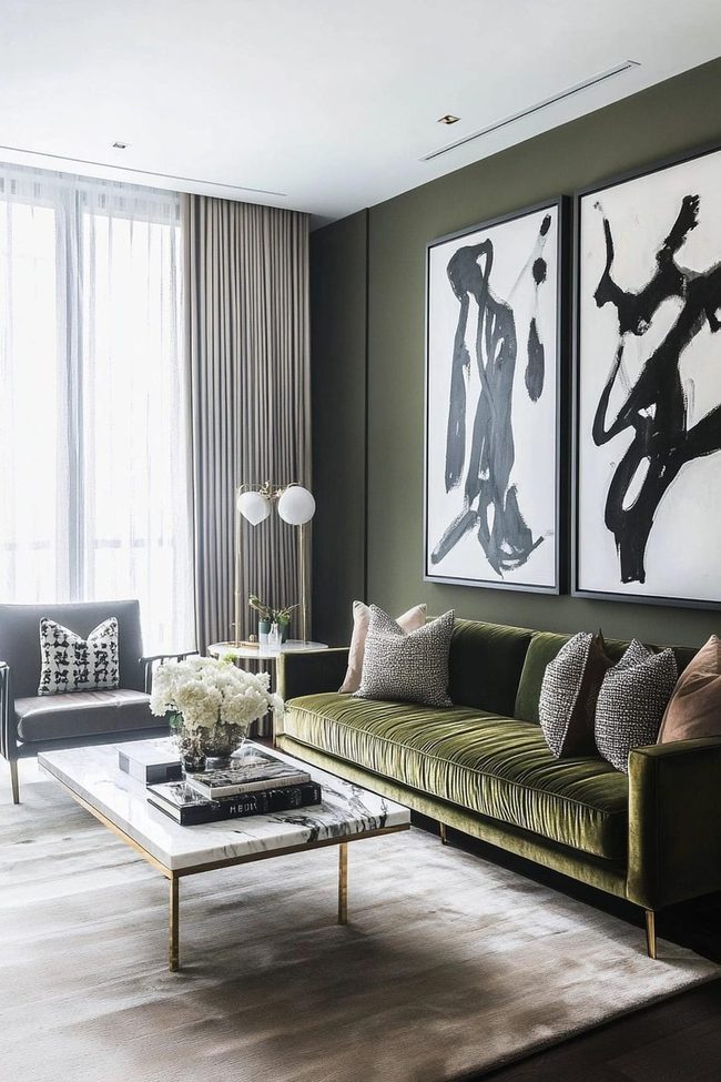 Olive Green Velvet Living Room with Abstract Art