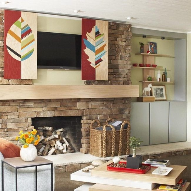 Stone Fireplace, Leaf Art, Living Green