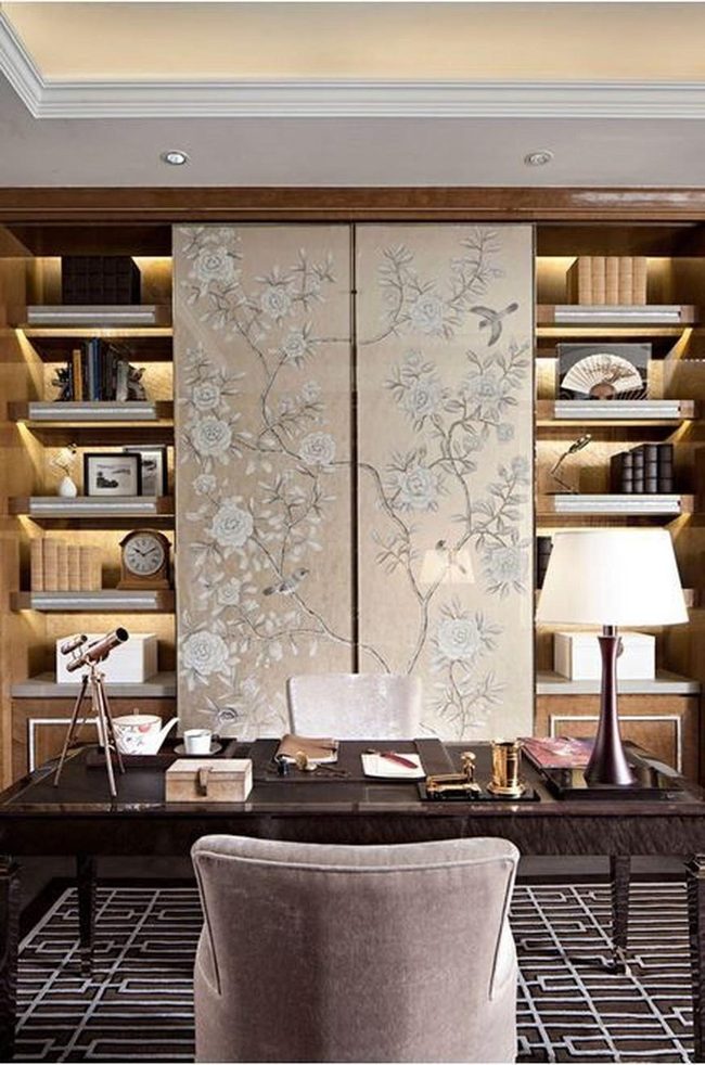 Wood Shelves, Floral Backdrop, Golden Touches