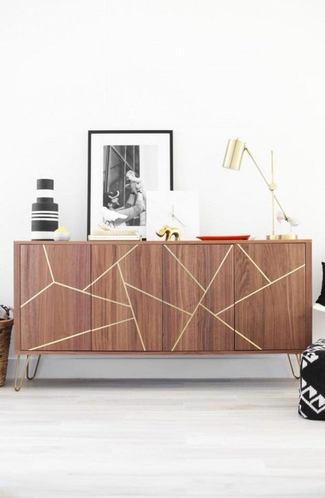 Gold-Accented Wood Cabinet Statement