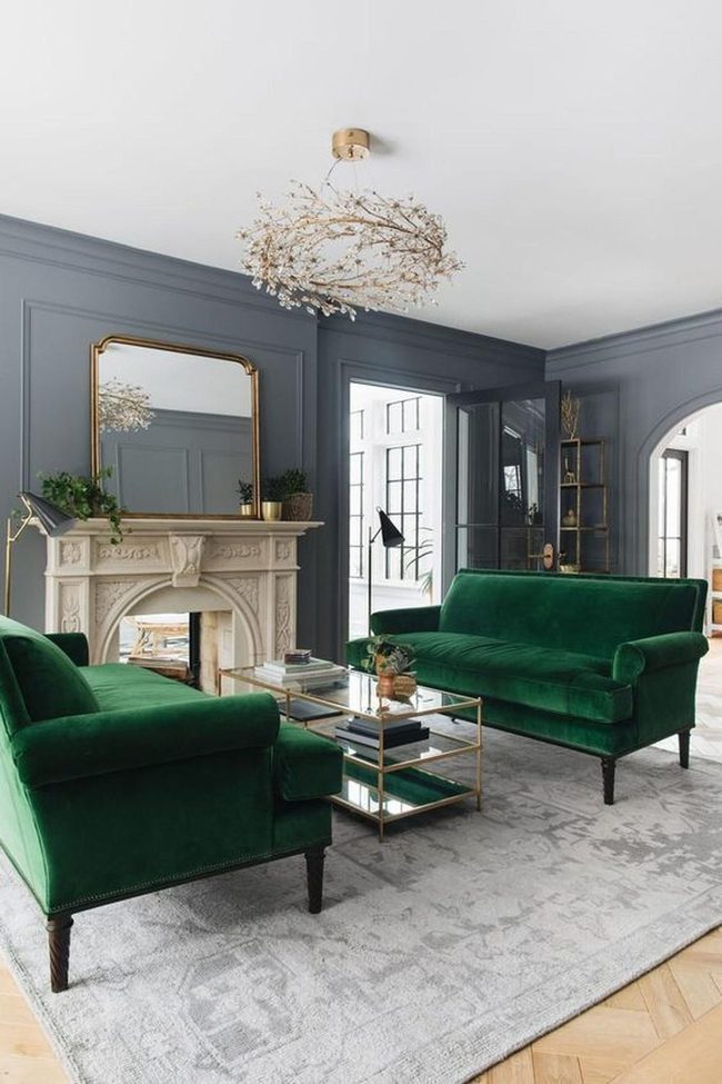 Green Velvet Sofas, Stone Fireplace