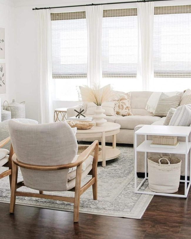 White Tables, Beige Sectional, Wood Accents