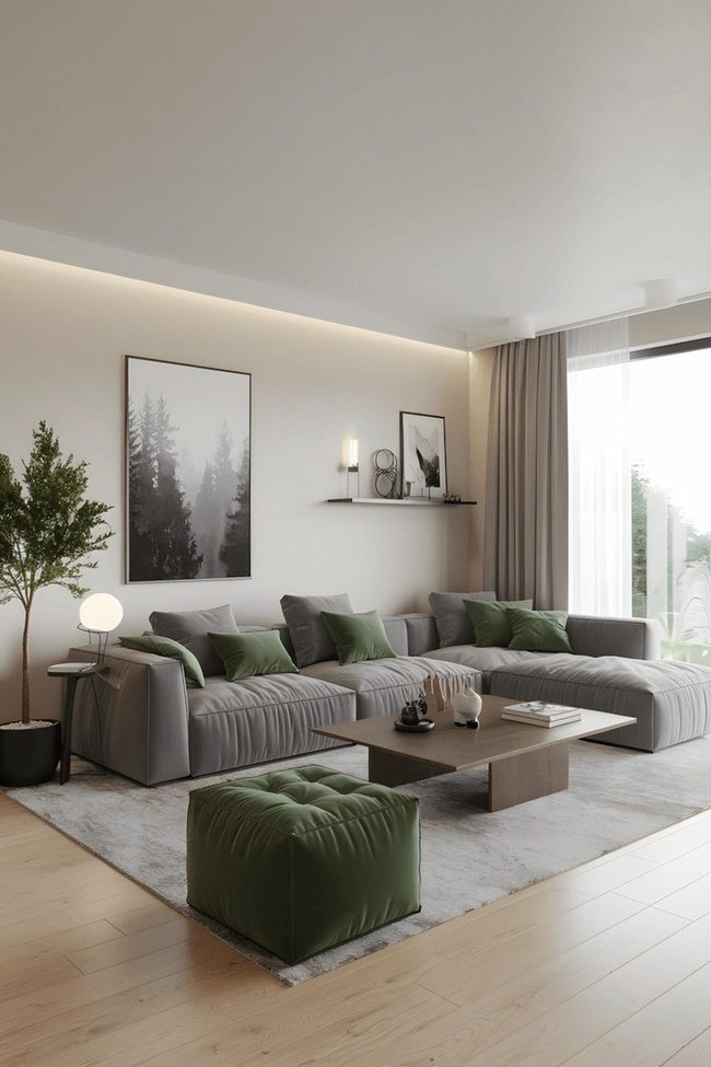 Grey Sectional Sofa With Organic Wood Accents