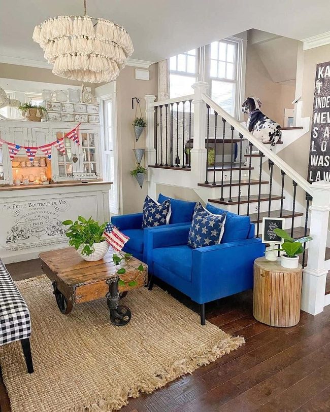 Blue Chairs Meet Boho Tassel Chandelier