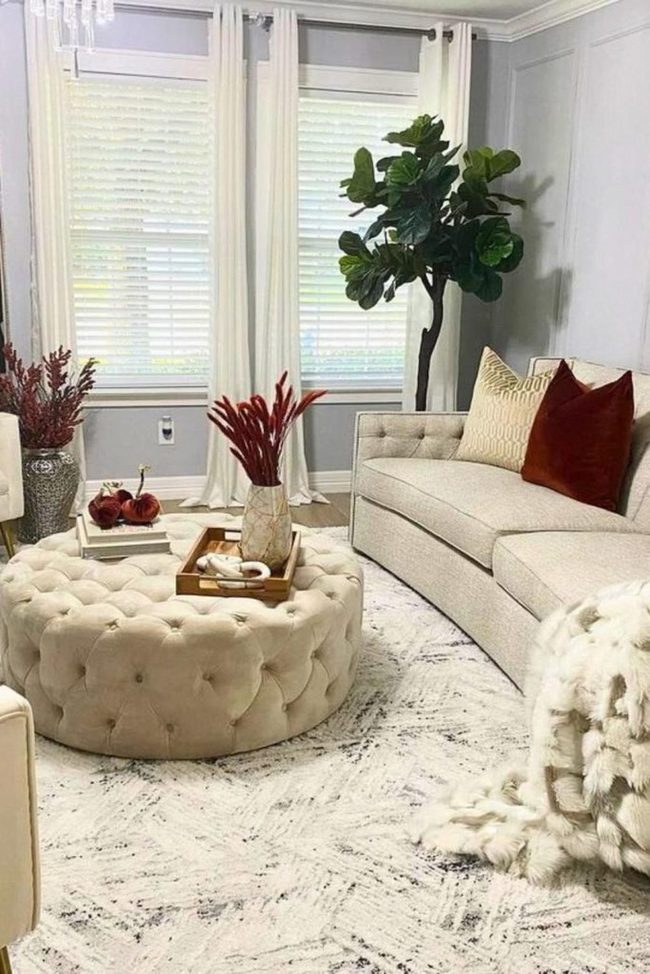 Beige Sofa with Deep Red Accents