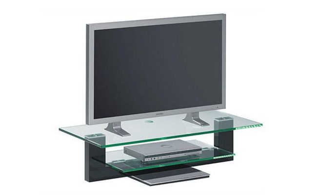 Transparent Glass Tv Stand With Black Metal Base