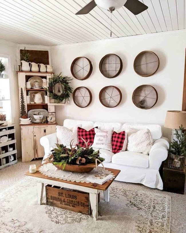 Red Plaid Cushions With Evergreen Branches