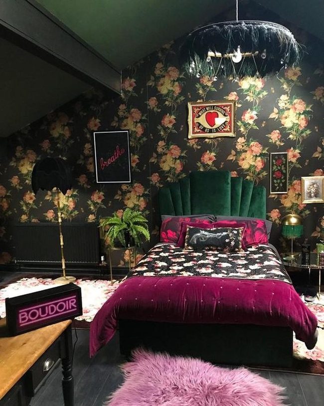 Deep Green Velvet Meets Midnight Florals