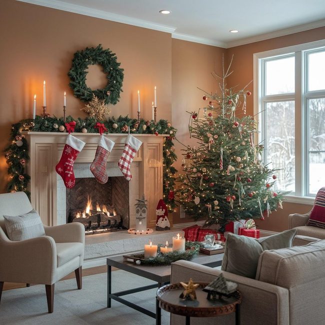 Red and Gold Fireplace Mantel