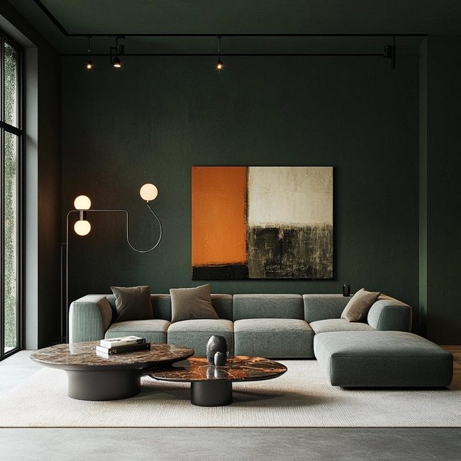 Dark Green Walls with Statement Coffee Tables