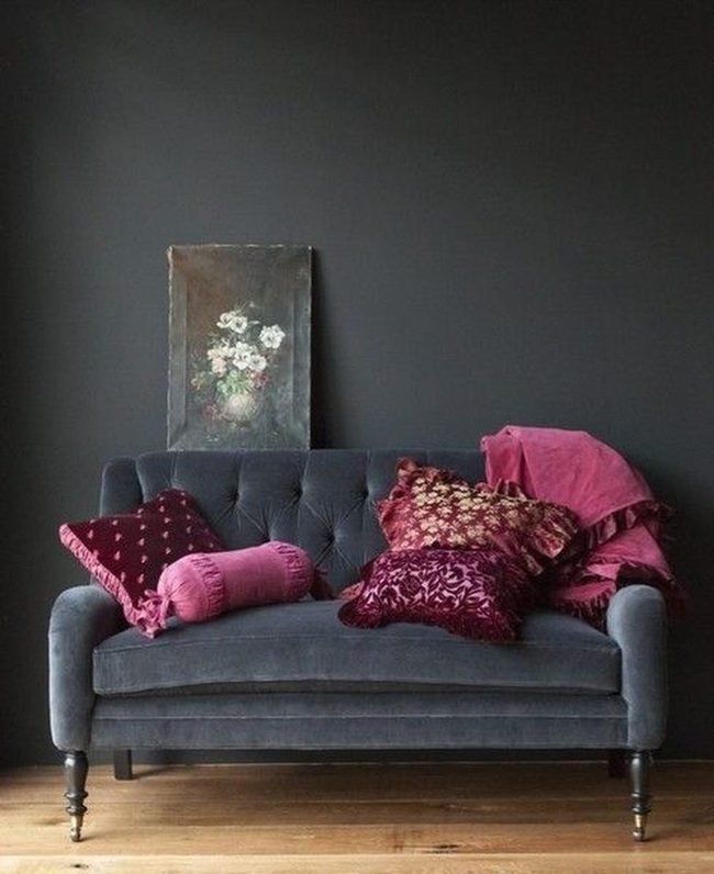 Gray Velvet Sofa With Pink Accents