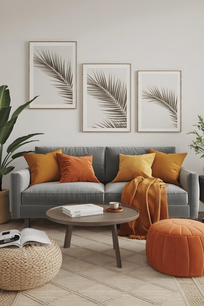 Grey Sofas With Burnt Orange Statement Cushions