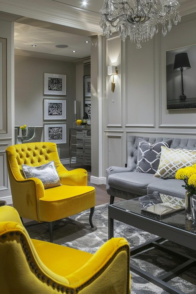 Yellow Armchairs Pop Against Gray Sofa