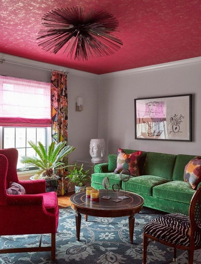 Deep Red Ceiling With Emerald Velvet