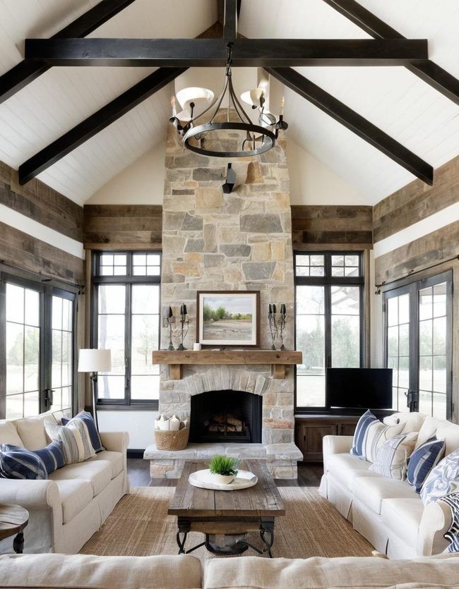 Shiplap Walls Stone Fireplace Farmhouse