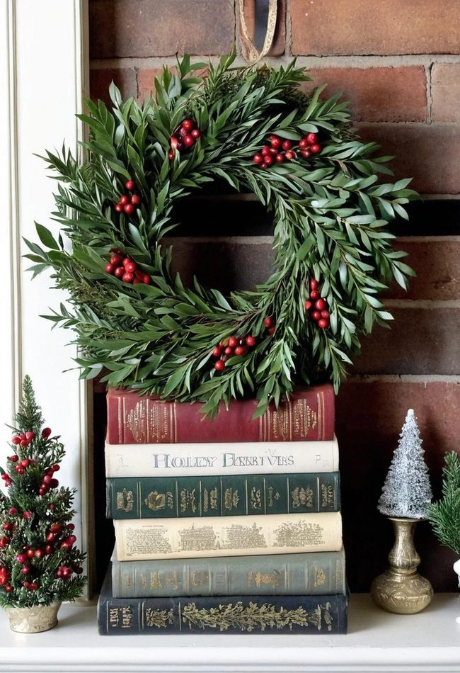 Stacked Books With Festive Wreath