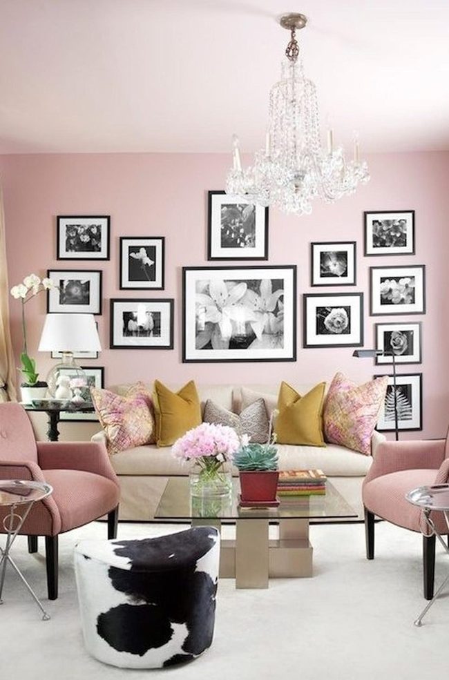 Pink Walls, Yellow Flowers, Chandelier Light