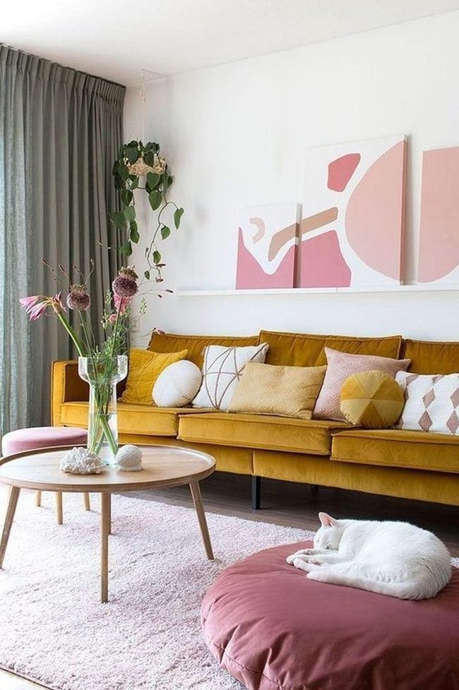 Golden Yellow Sofa Meets Soft Pink Walls