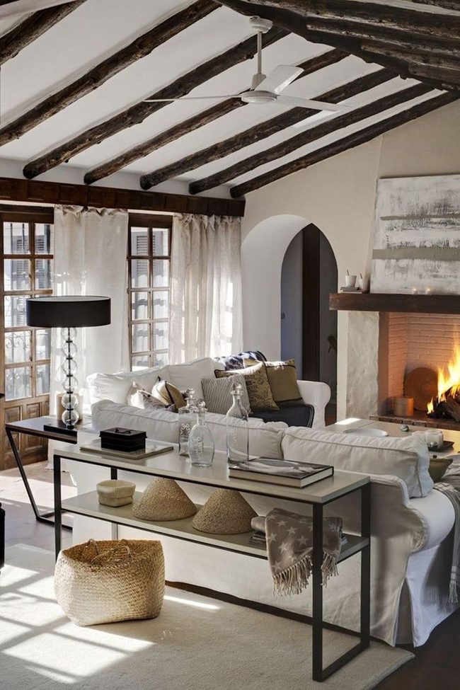 White Ceiling Wooden Beams Fireplace