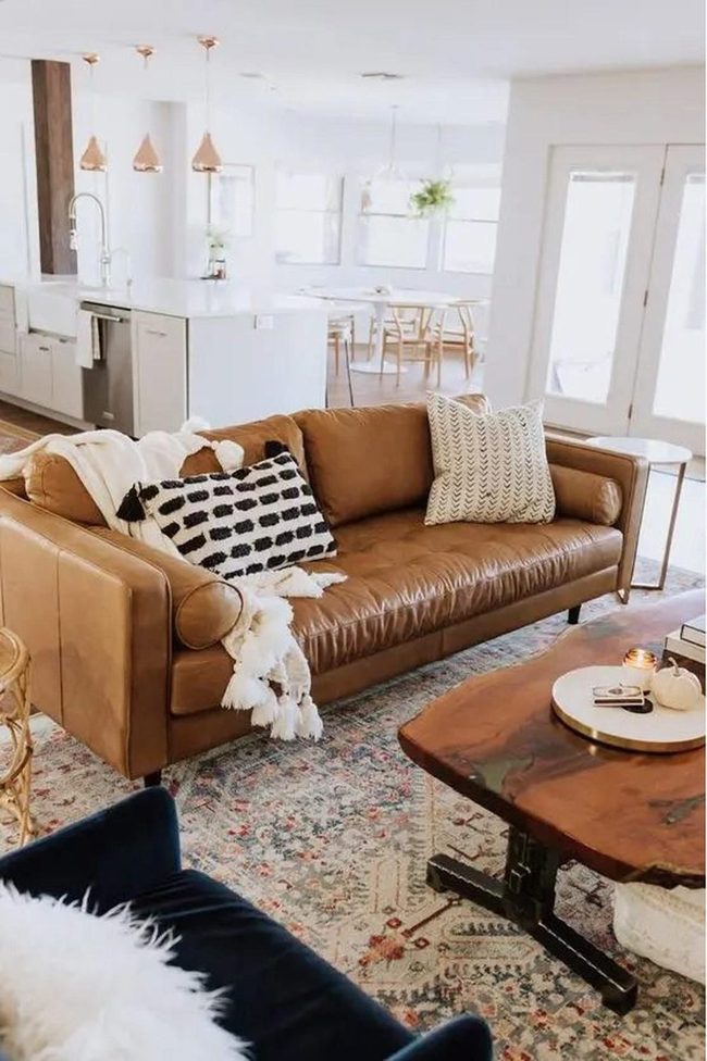 Brown Leather Sofa With Wood Elements