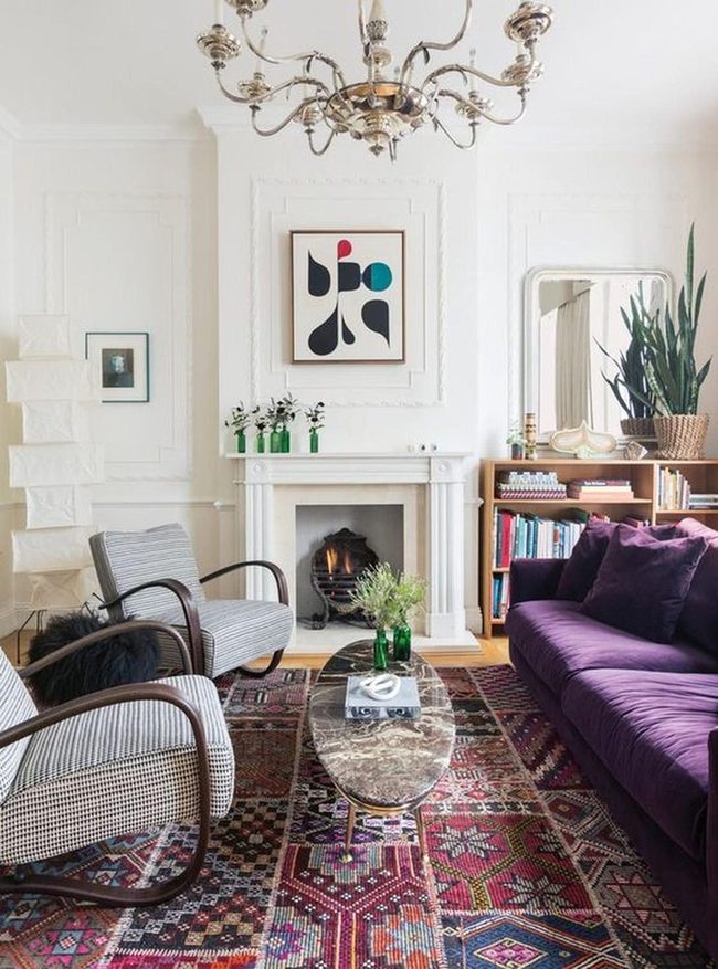 Colorful Abstract Art Above Marble Fireplace