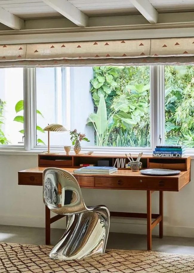 Nature-Framed Office With Warm Wood
