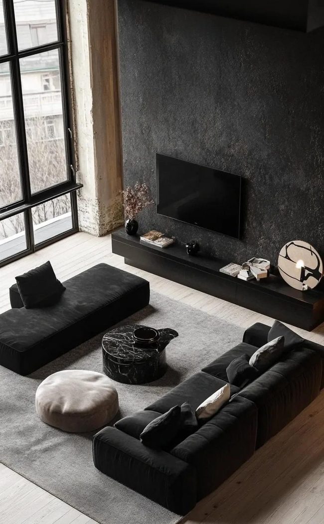 Black Sofa Colorful Cushions Diffused Textures