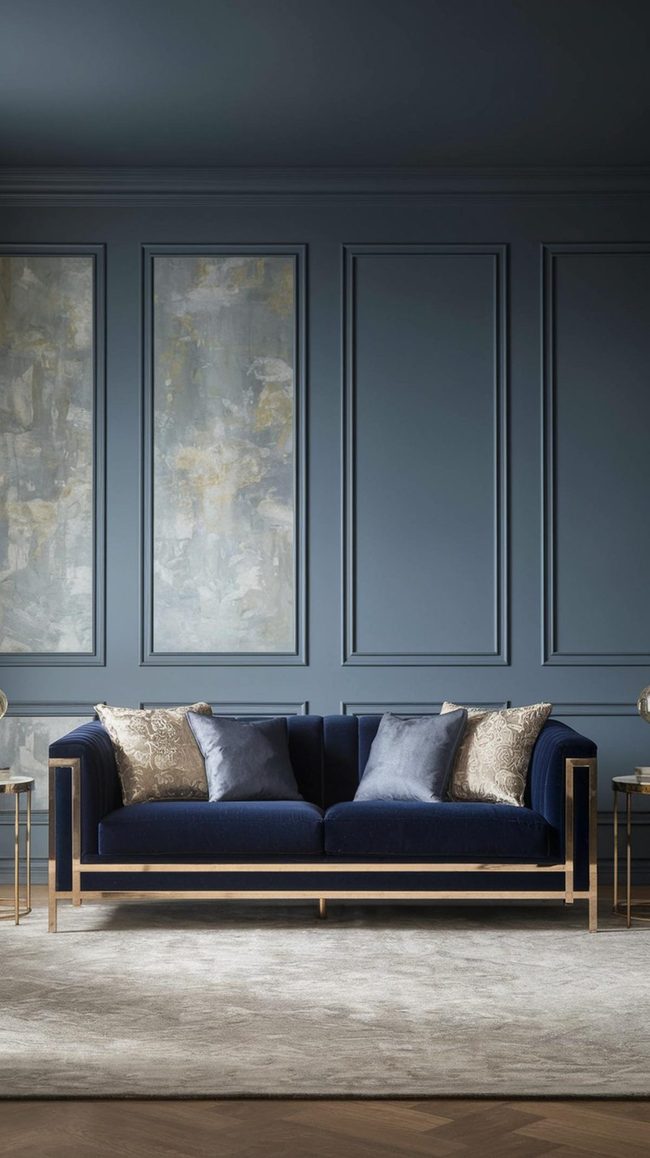 Blue-Gray Sophistication With Navy Statement Sofa