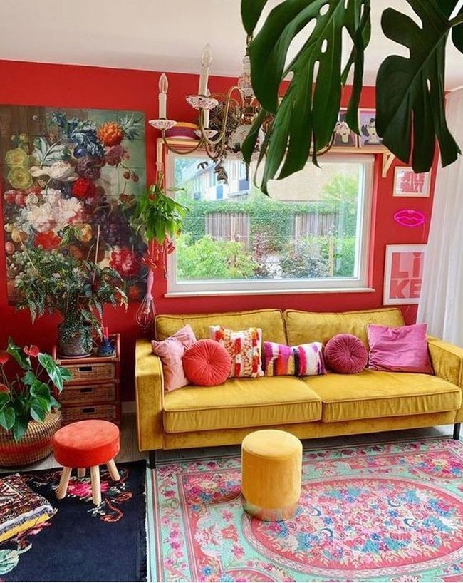 Yellow Sofa Red Walls Garden View