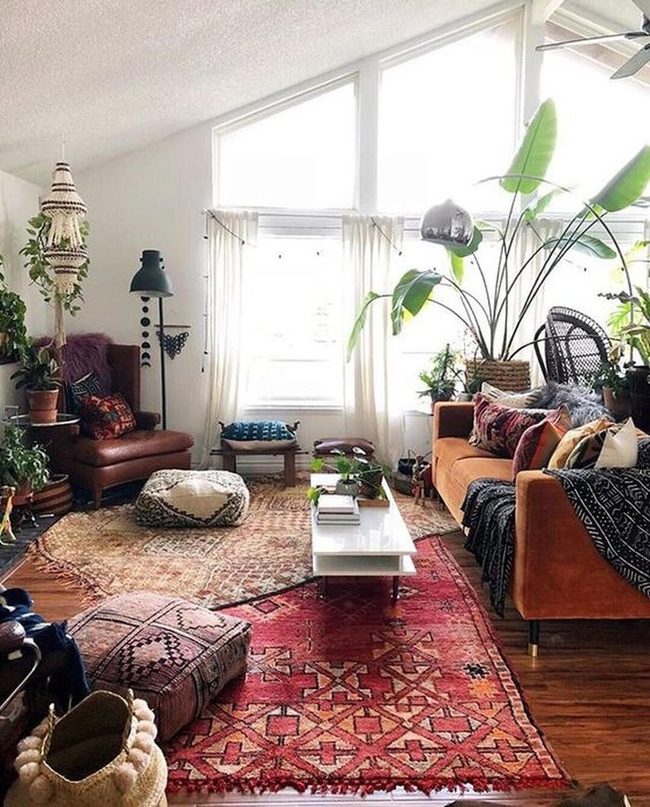 Rust Sofa, Natural Light, Living Plants