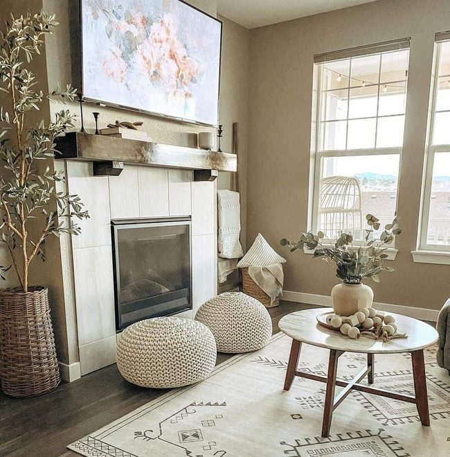 Beige Walls, White Fireplace, Pink Blooms