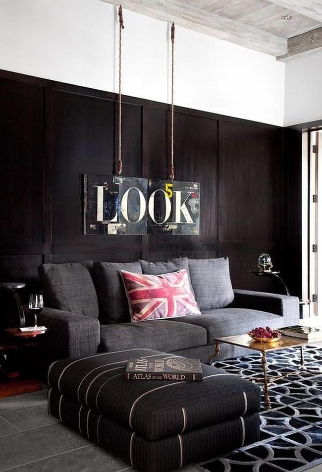 Gray Couch, Dark Wood Panels