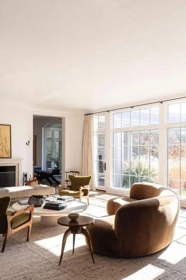 Sunlit Brown Living Room With Olive Accents