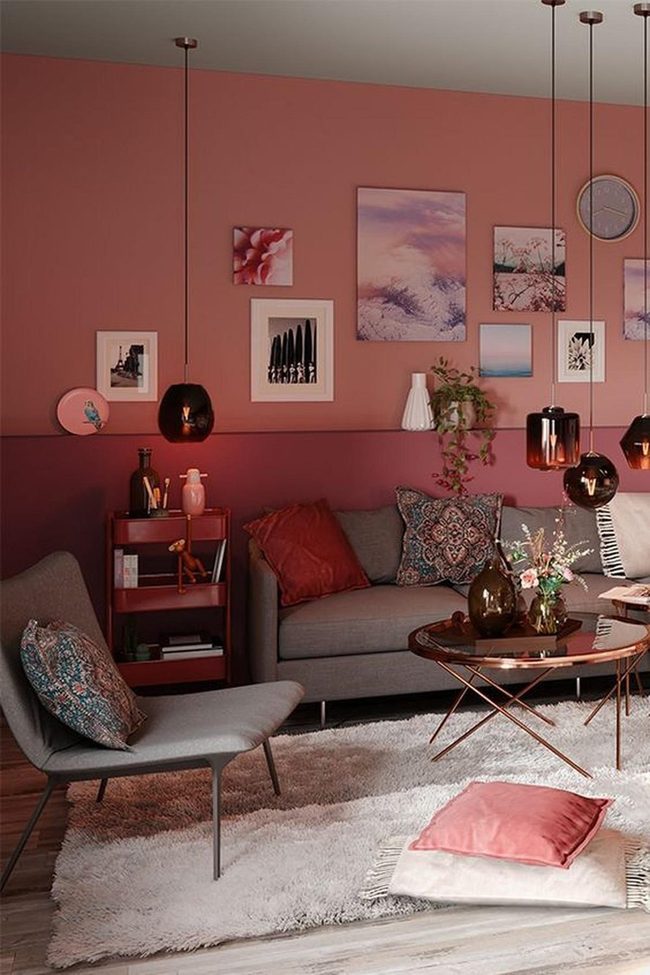 Pink Walls, Gray Sofas, Modern Comfort