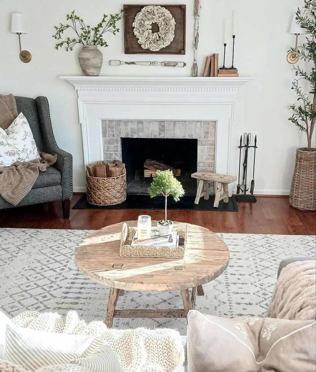 Brick Fireplace With Warm Wood Tones