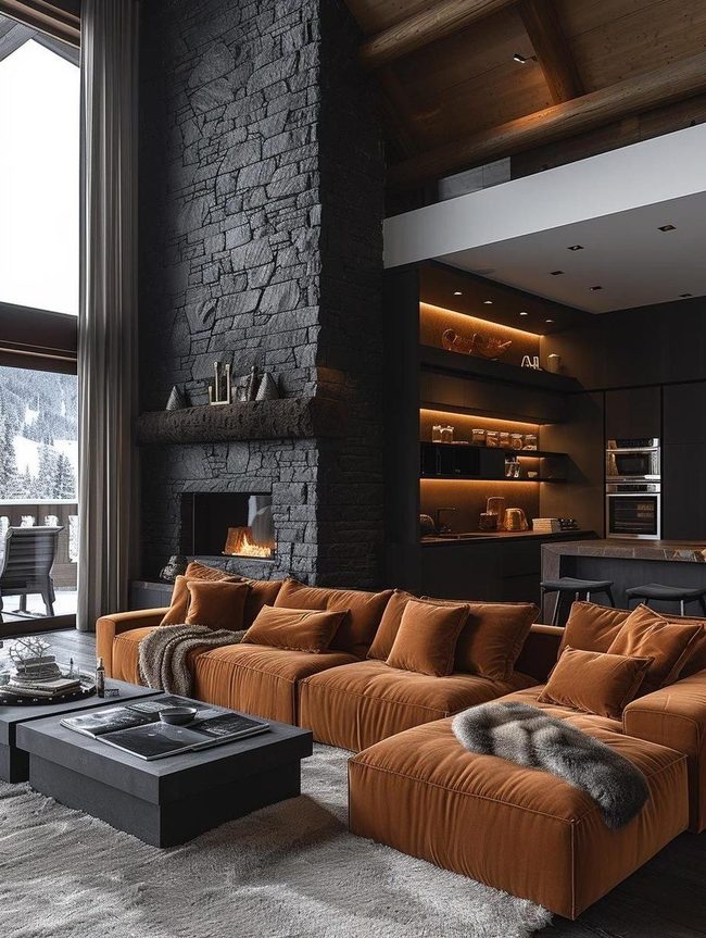 Stone Fireplace Orange Seating Space