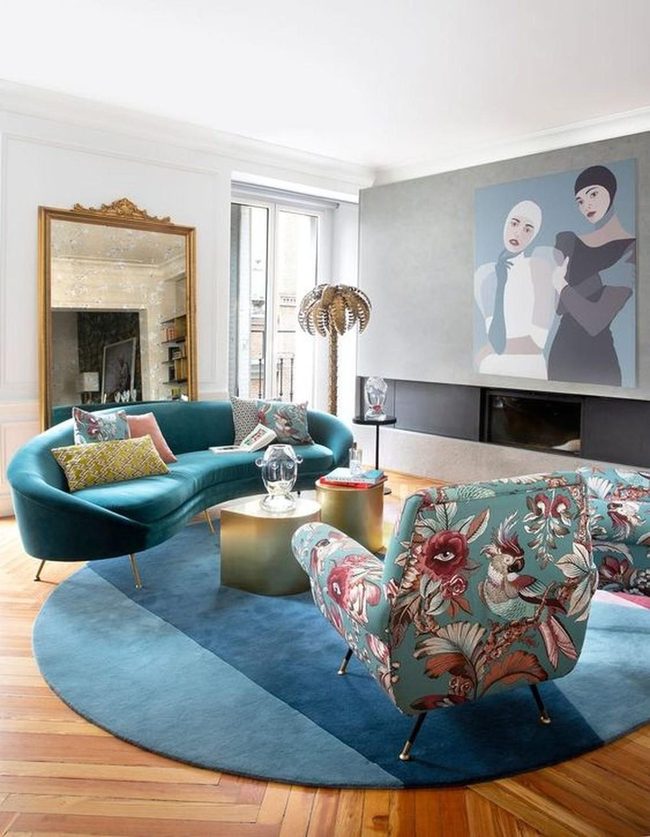 Curved Teal Sofa, Floral Chairs, Gold Accents