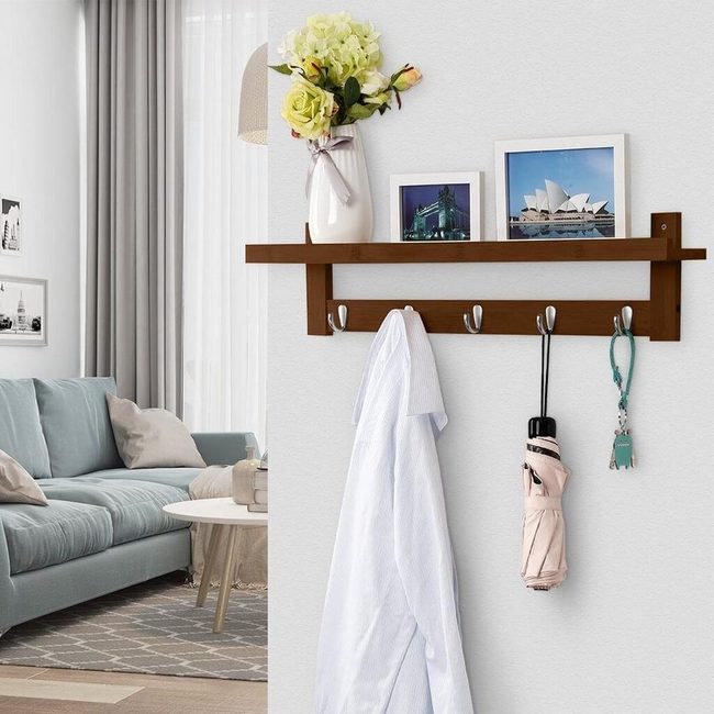 Brown Bamboo Shelf With Coat Hooks