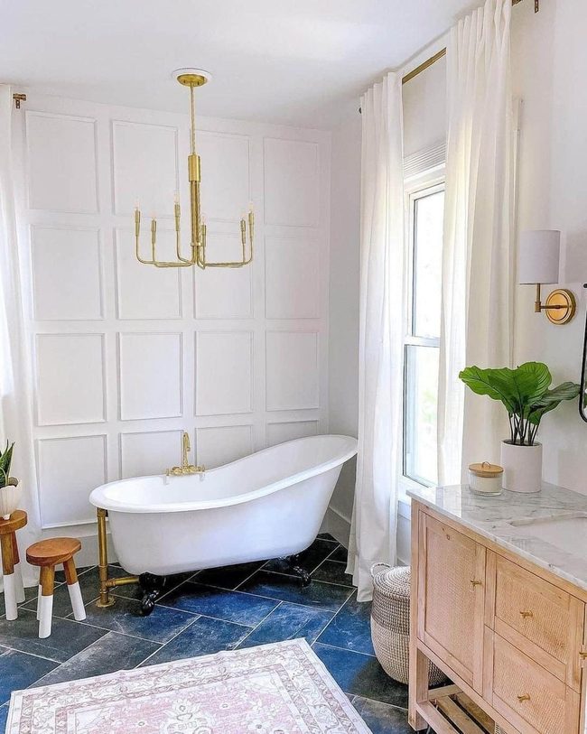 Gold-Accented Blue And White Bathroom