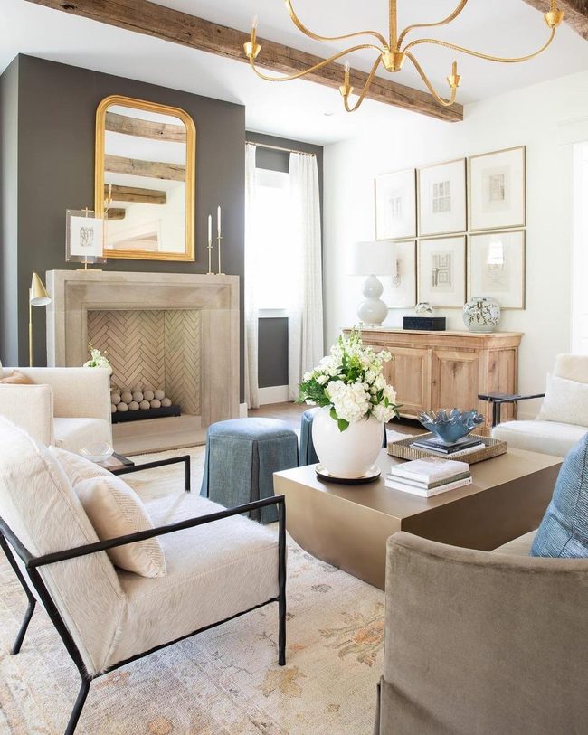 Wood Beams, Statement Chandeliers, Fireplace