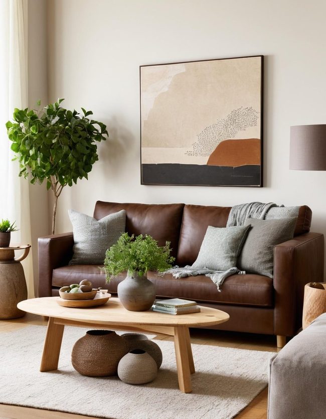 Brown Sofa Earth Tones Sitting Room