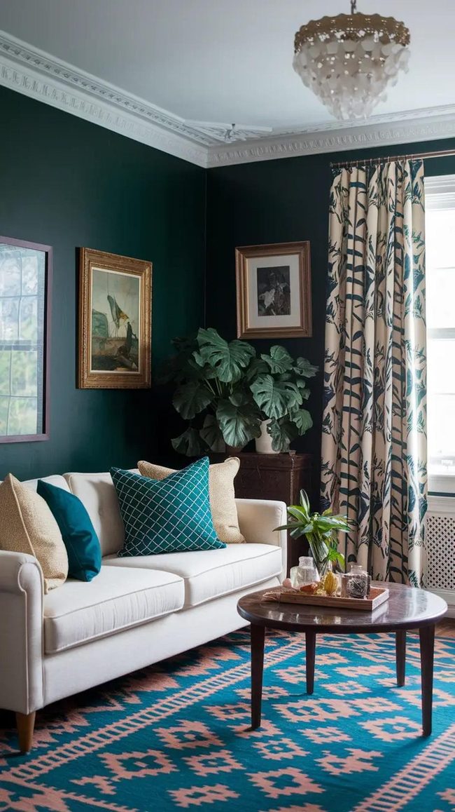 Dark Green Room With Layered Patterns
