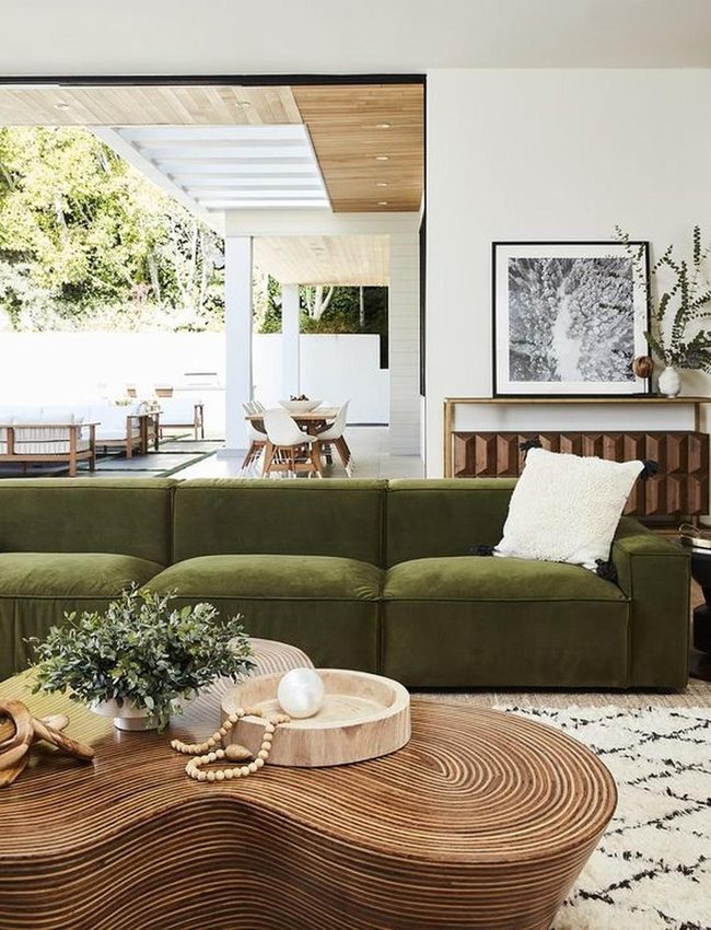 Green Couch Living With Natural Wood