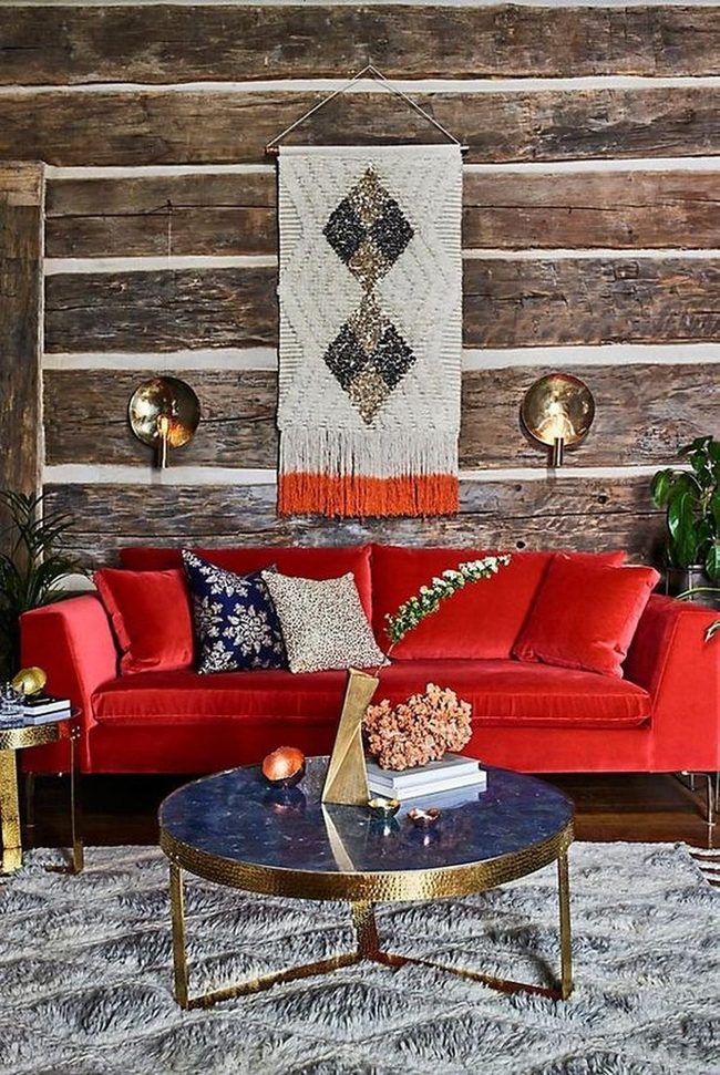 Red Sofas Meet Wooden Walls