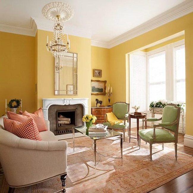 Golden Yellow Living Room With Green Chairs