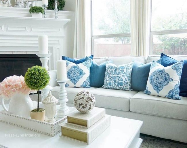 White Fireplace Anchors Cool Blue Palette