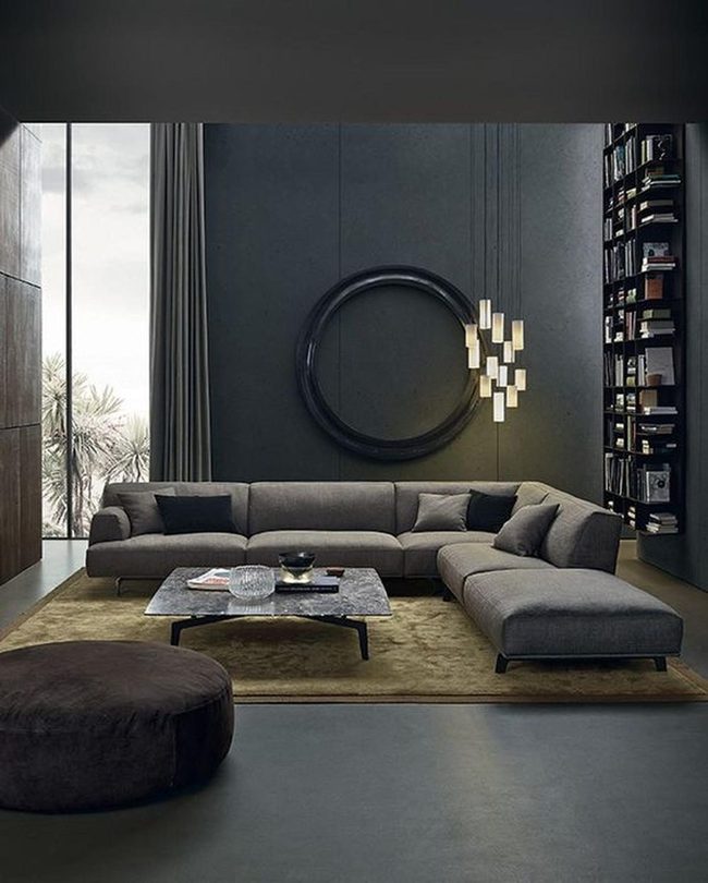 Deep Gray Walls Black Mirrors Olive Carpet