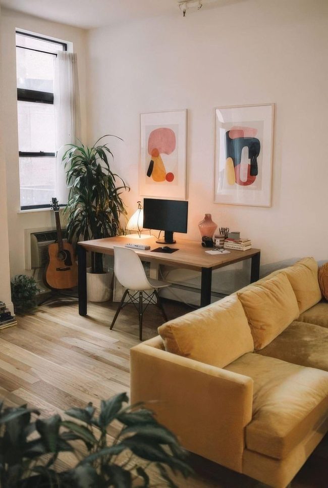 Sunny Yellow Couch Meets Creative Space