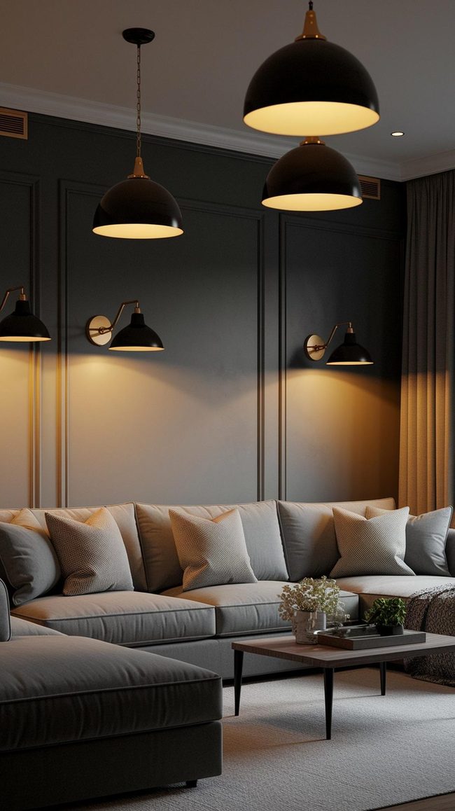 Gray Living Room Multi-Layered Lighting